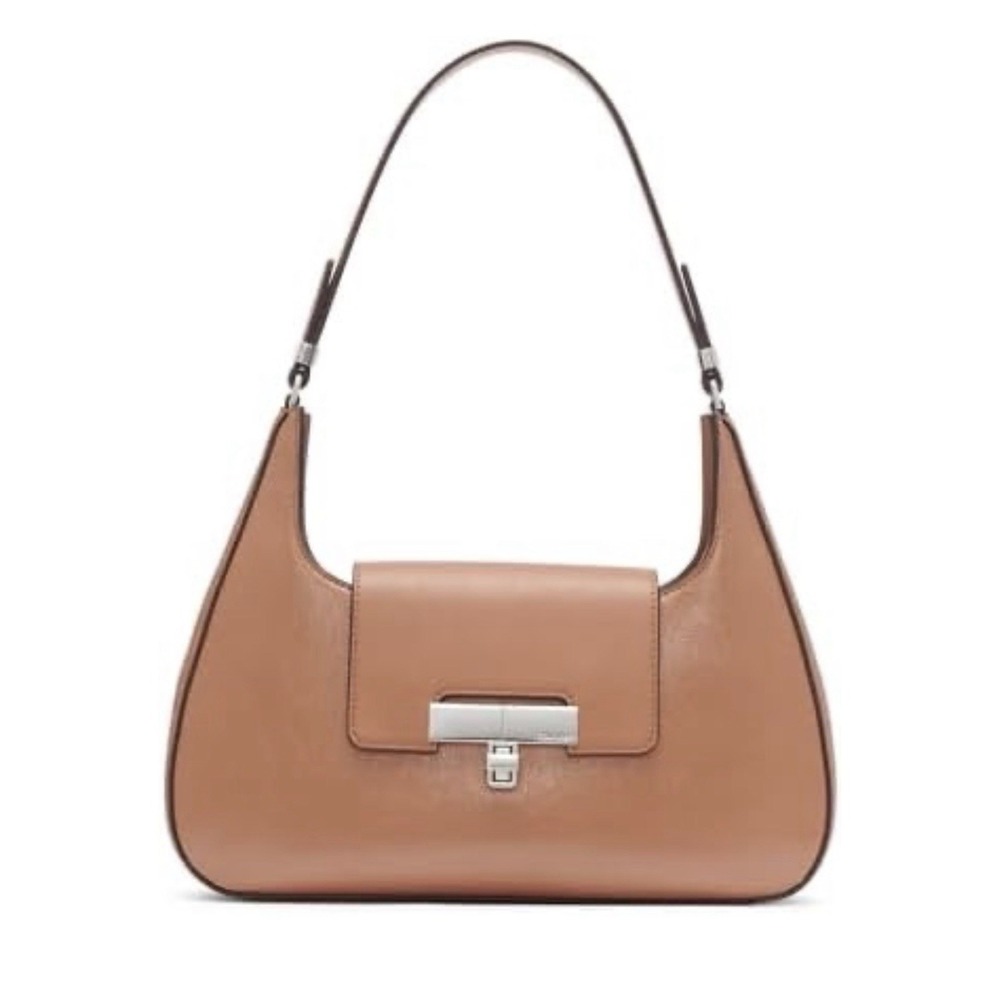 Calvin Klein Top Zip Shoulder Bag Tan Faux Leather Turn Lock Minimalist Purse